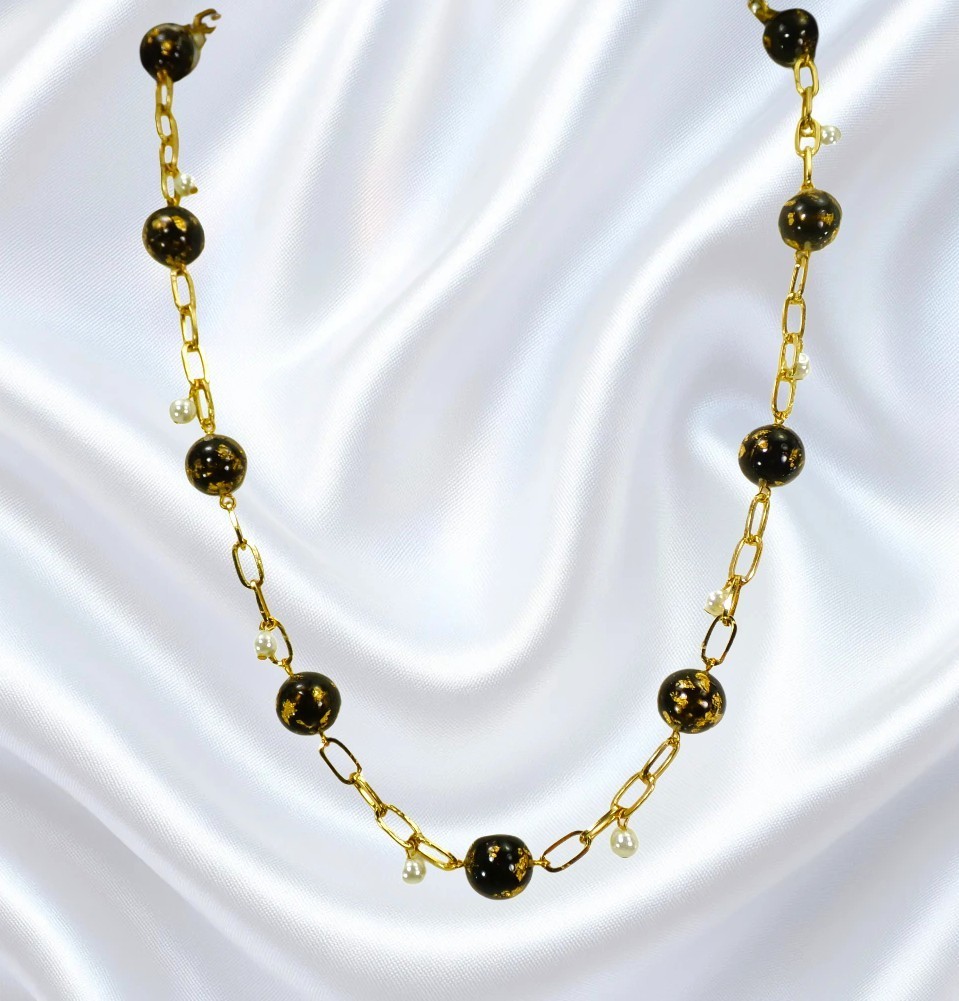 Black and gold leaf bead necklace with white pearls and gold link chain New