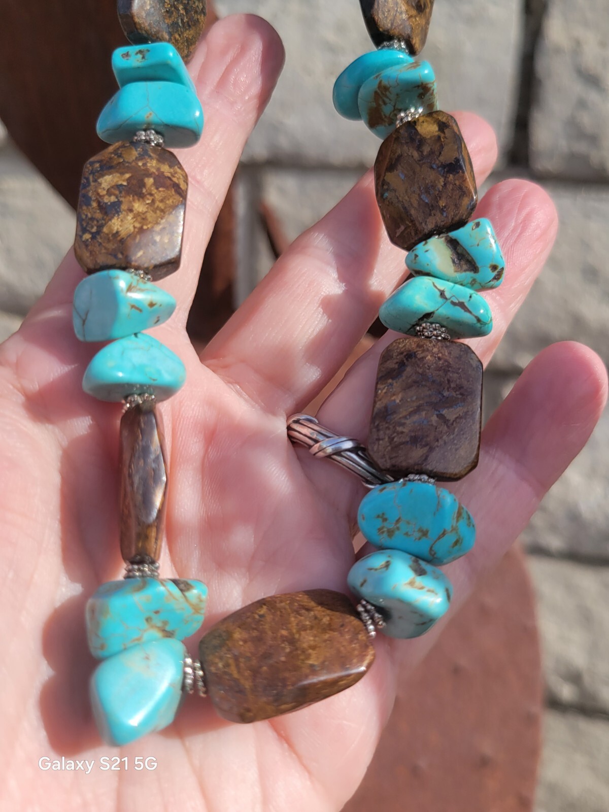 Turquoise-Bronzite Necklace 20″ Long Boho Chic Artisan Made Adjustable OOAK