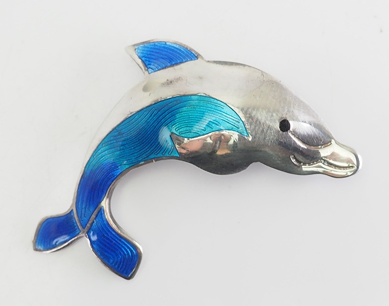 Vintage sterling silver and blue enamel swimming dolphin marine pin brooch