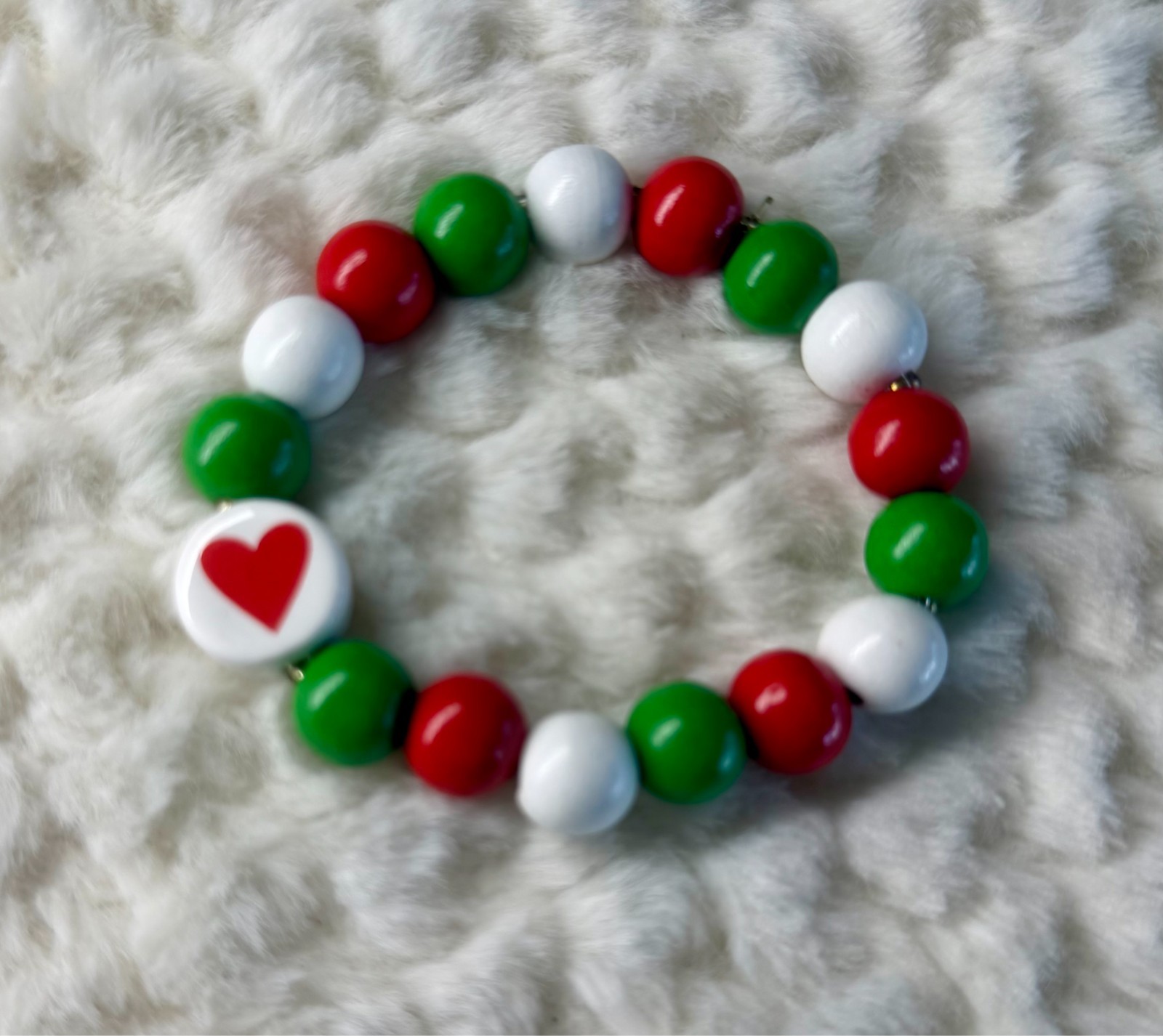 Handmade Red/Green/White Heart Beaded Stretch Bracelet- Women’s Xtra Small