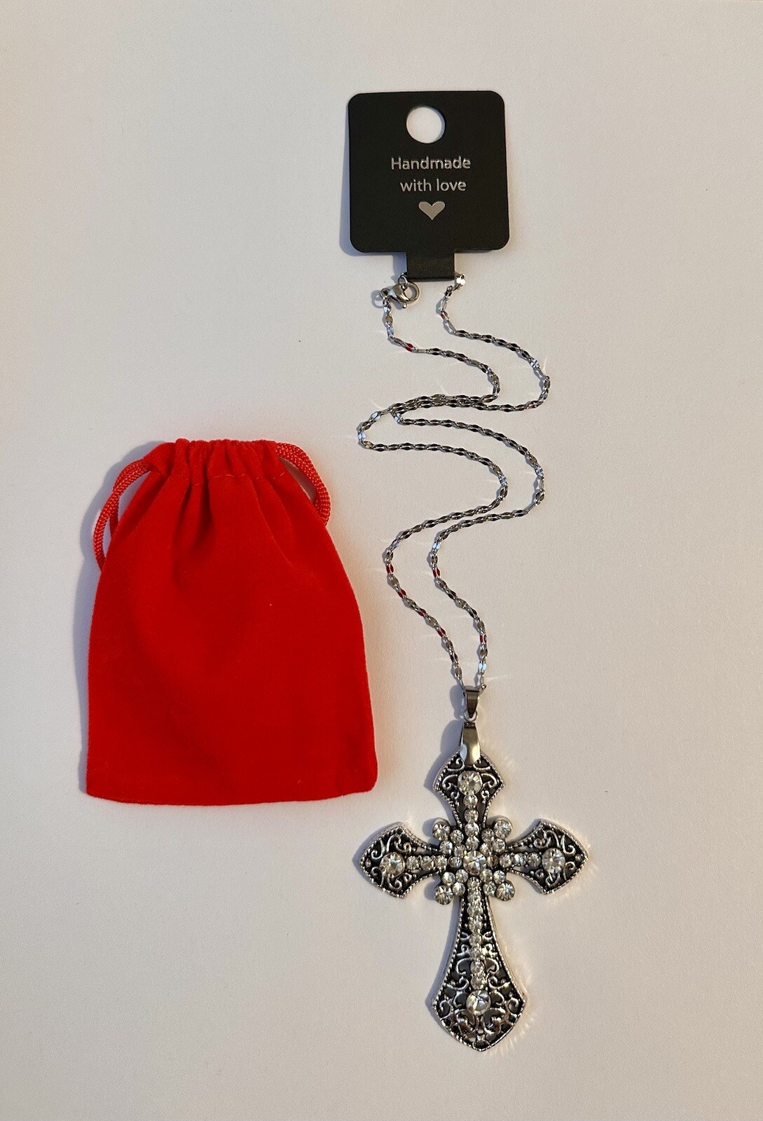 Large Victorian Cross Necklace Chain Silver Religious Gothic Grunch Whimsgoth