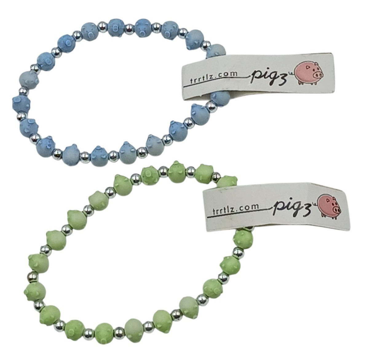 TRRTLZ Pigz Pig Stretch Bracelet 2pc Light Green & Light Blue Silver Bead Spacer