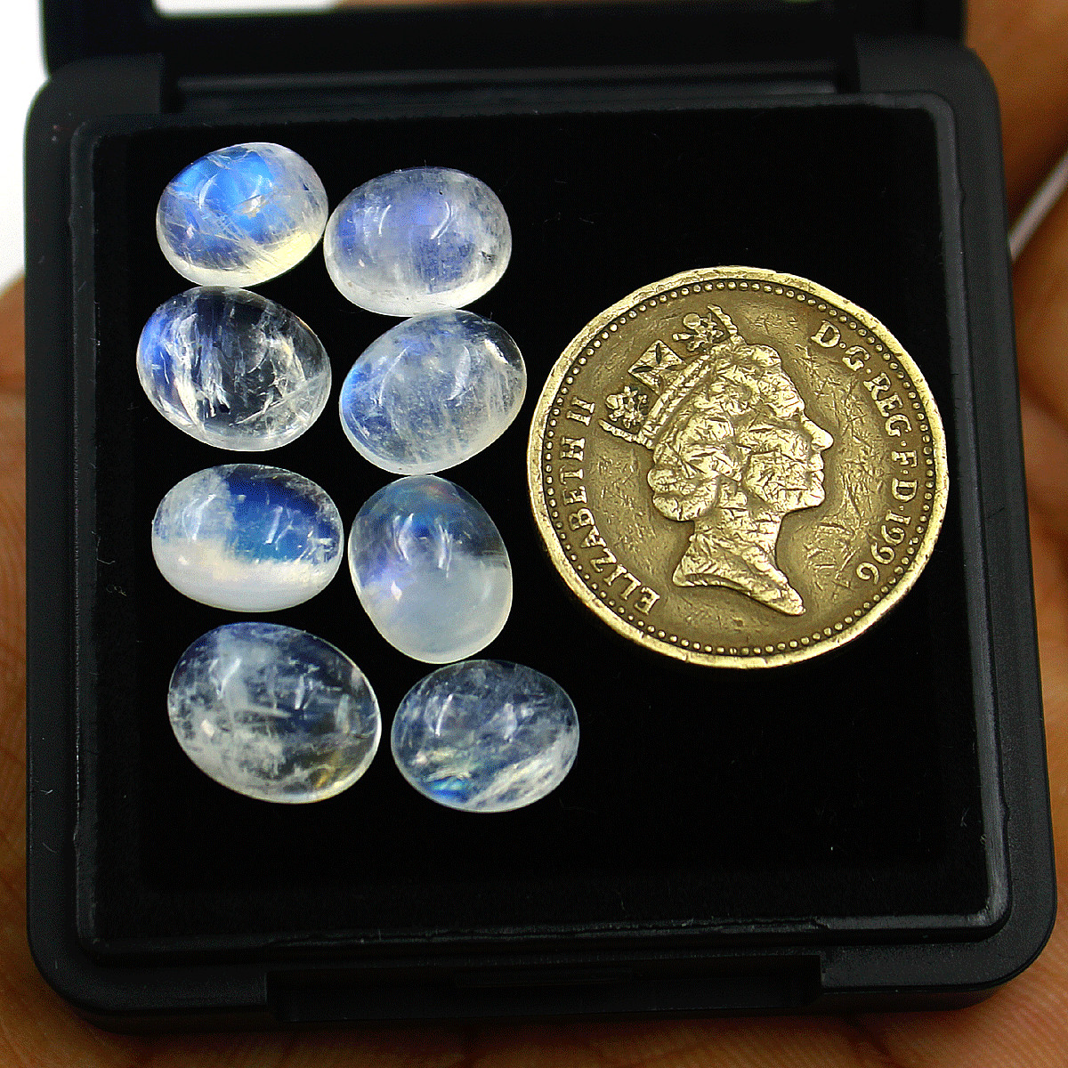 8 PC Natural Rainbow Moonstone High Quality 9mm-11mm Oval Cabochon Gemstones Lot