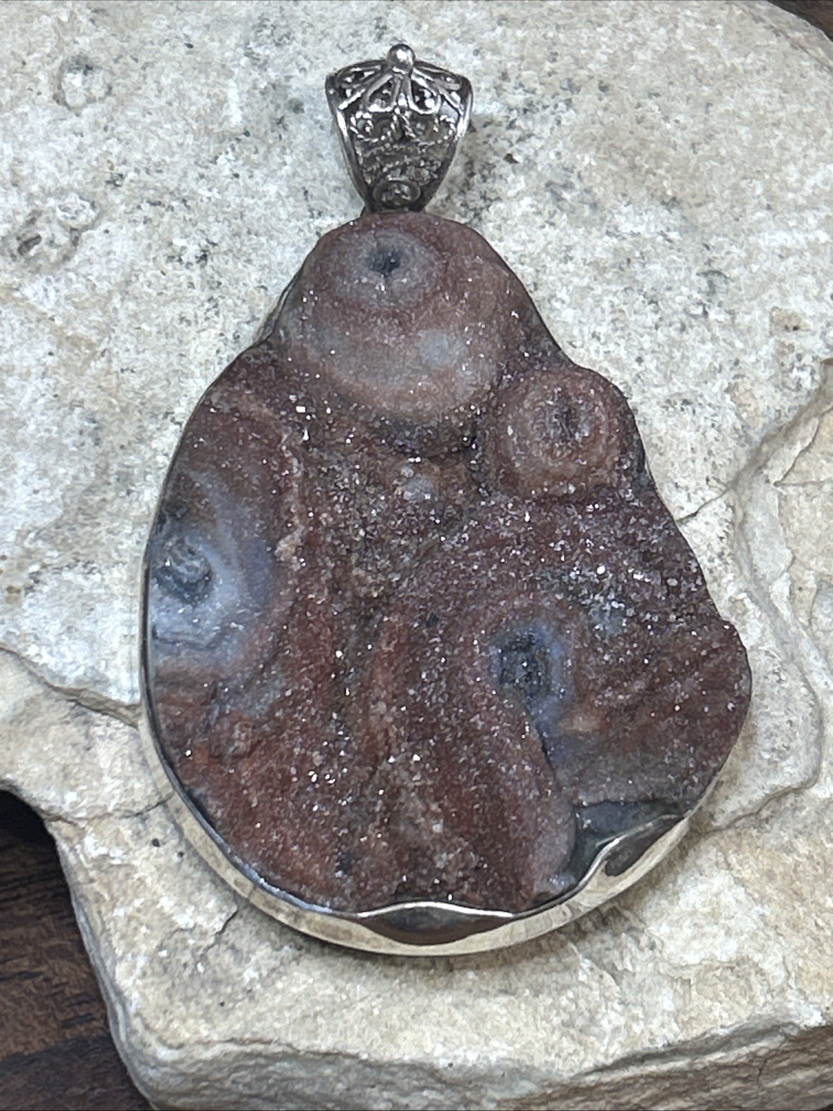 57. Vintage 925 Sterling Desert Chalcedony Druzy Crystal Pendant 85mm, 58.4g