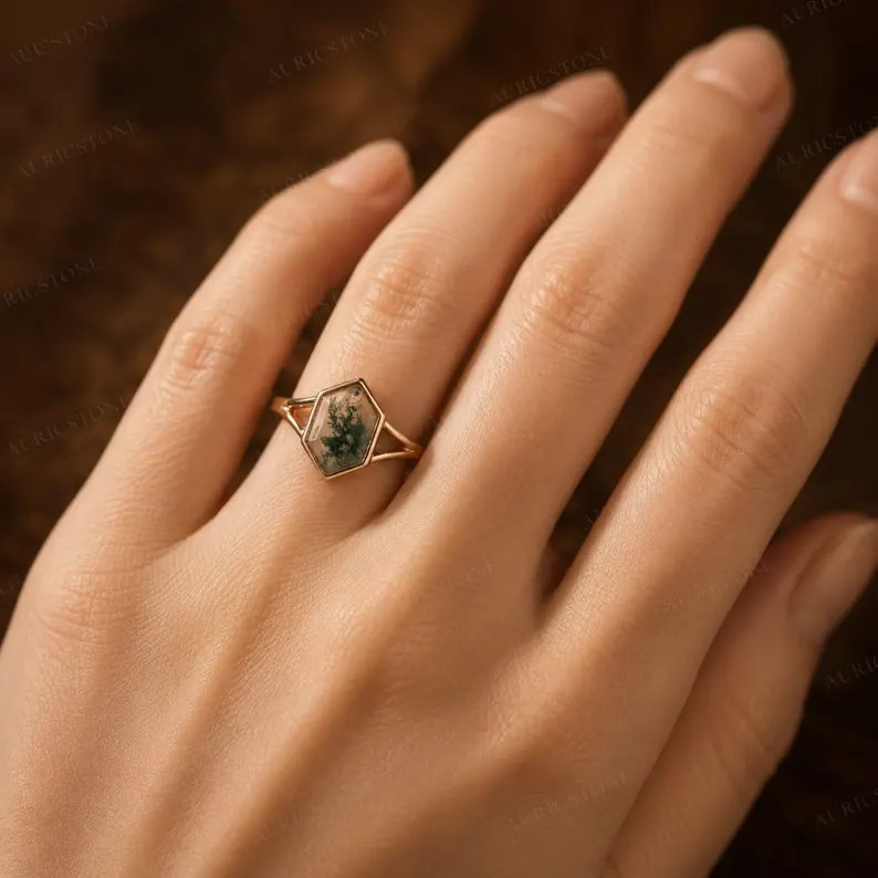 Lab Created Green Moss Agate Ring, Base Metal: Brass Finish: Gold Plated