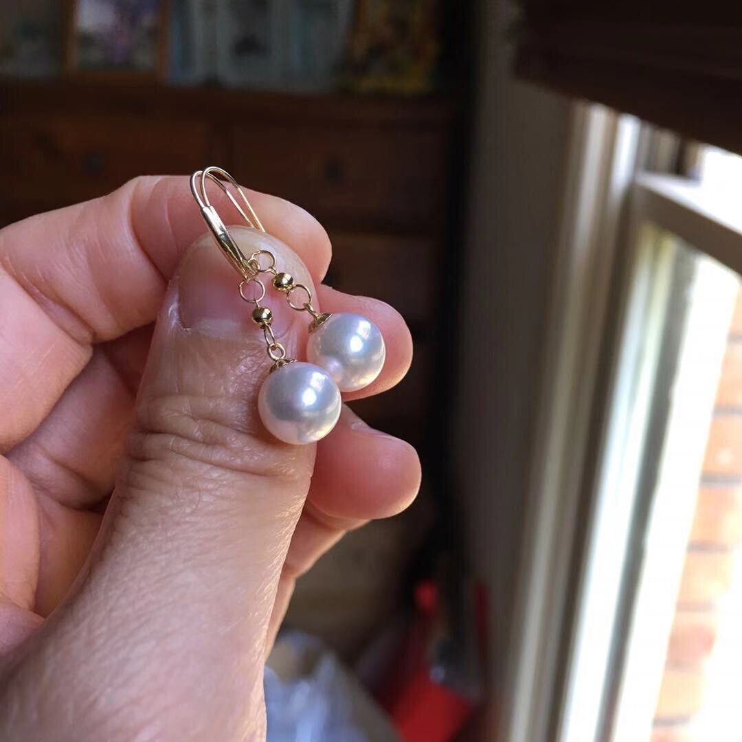 KG62 8.5mm Lovely Japanese Seawater Akoya Fairy Pearl Earring 18K Gold 31mm
