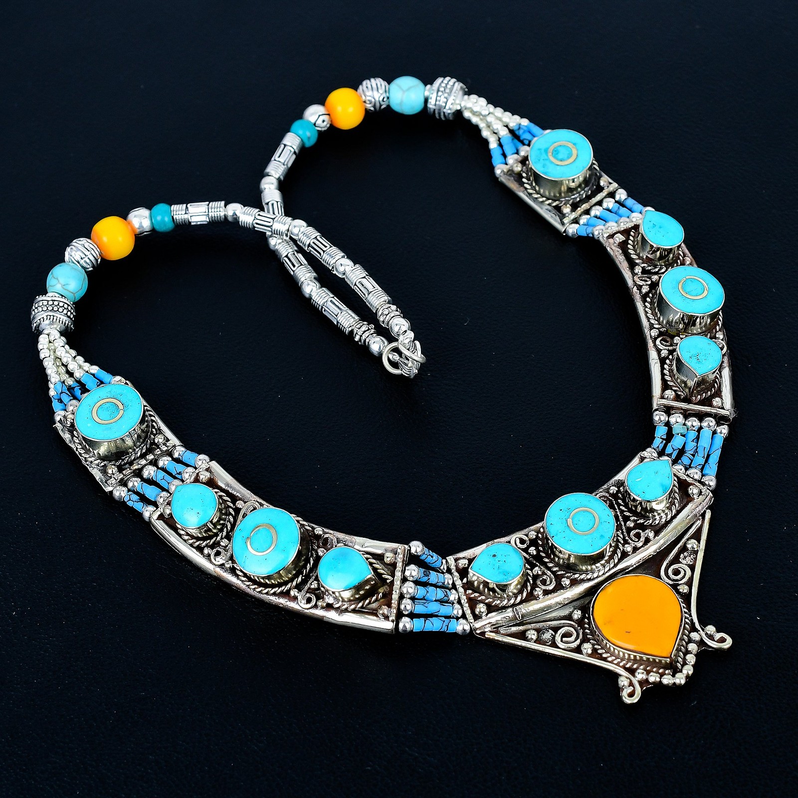 Yellow Coral Turquoise 925 Sterling Silver Nepali Tibetan Necklace 18″ PG155