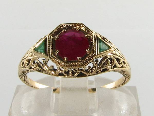 LARGE 9CT 9K GOLD INDIAN RUBY & COLOMBIAN EMERALD ART DECO INS FILIGREE RING