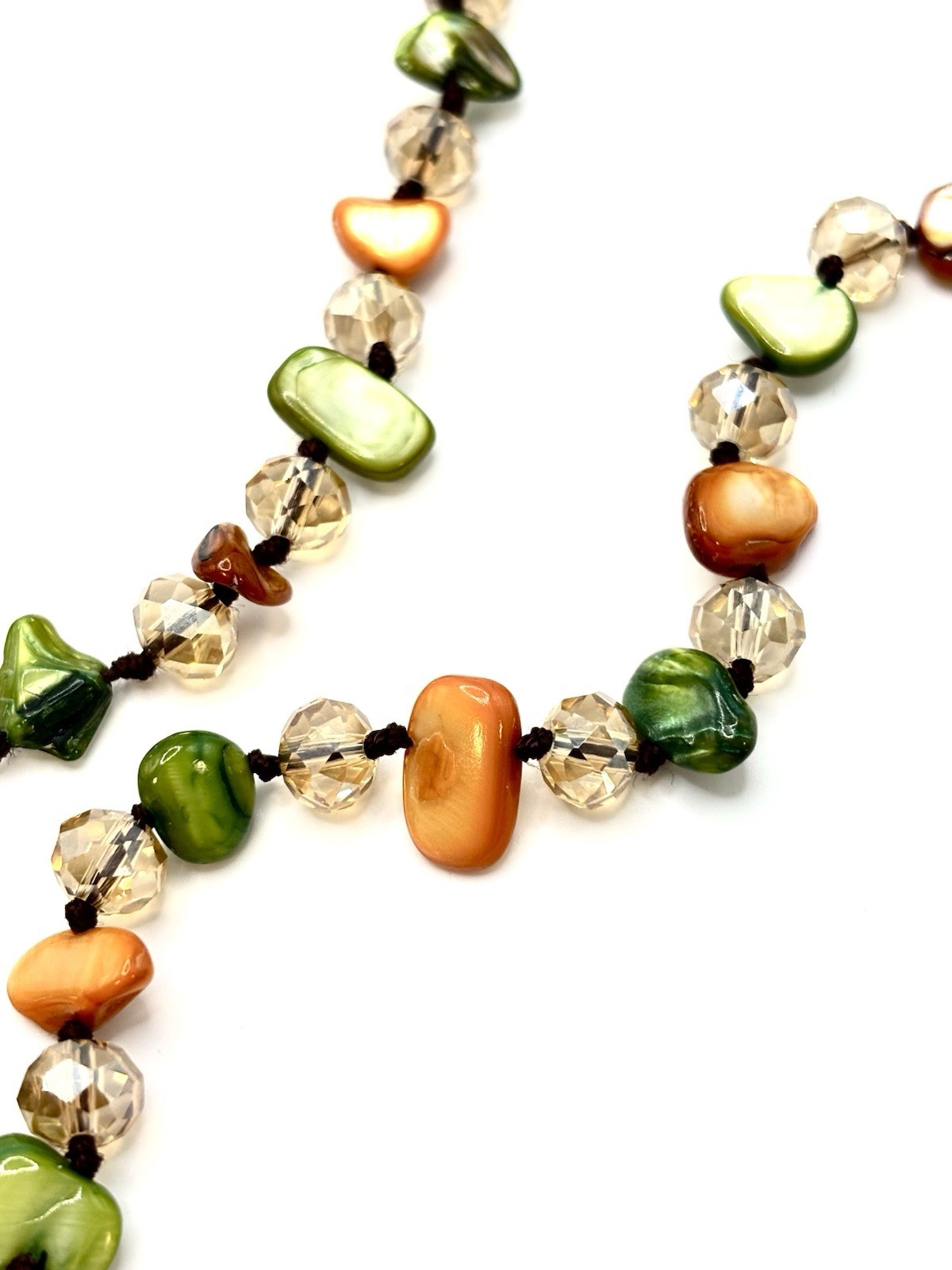 Artisan Dyed MOP & Crystal Long Necklace Asymmetrical Drop Earrings Set