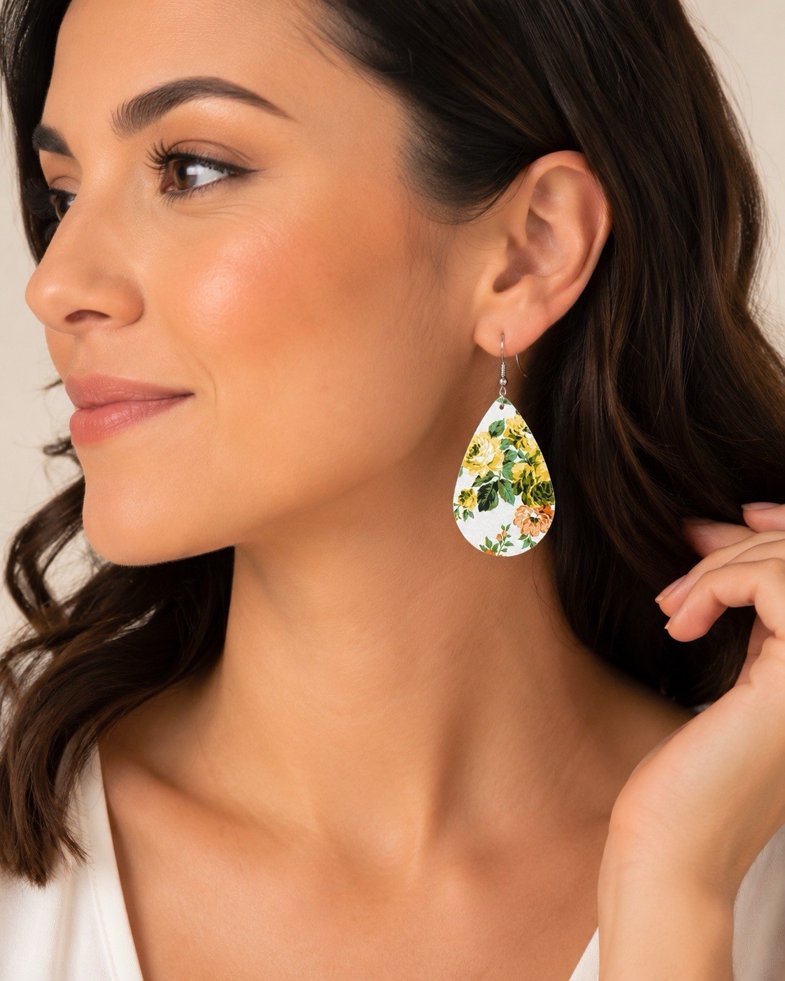 Floral Teardrop Faux Leather Earrings Yellow Rose Print Gift Box Included