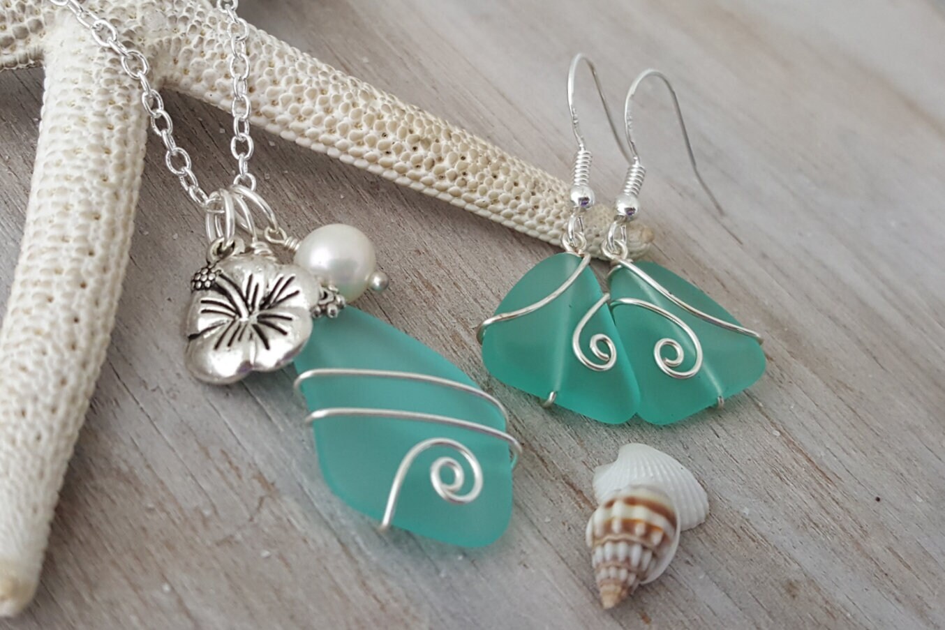 Hawaiian Jewelry Sea Glass Set, Wire Aquamarine Necklace Earrings Jewelry Set,