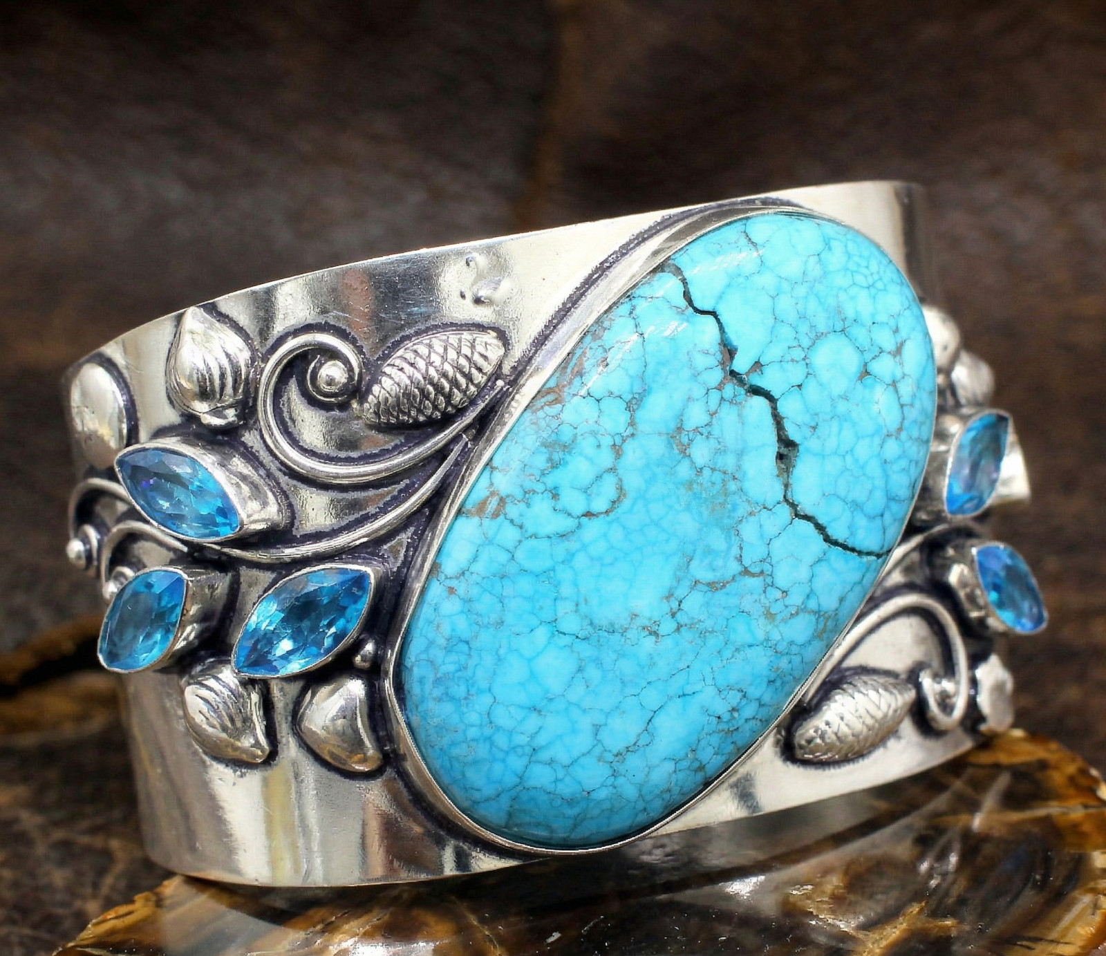 Natural Turquoise, Blue Topaz Cuff Bracelet 925 Sterling Silver Jewelry ADJ