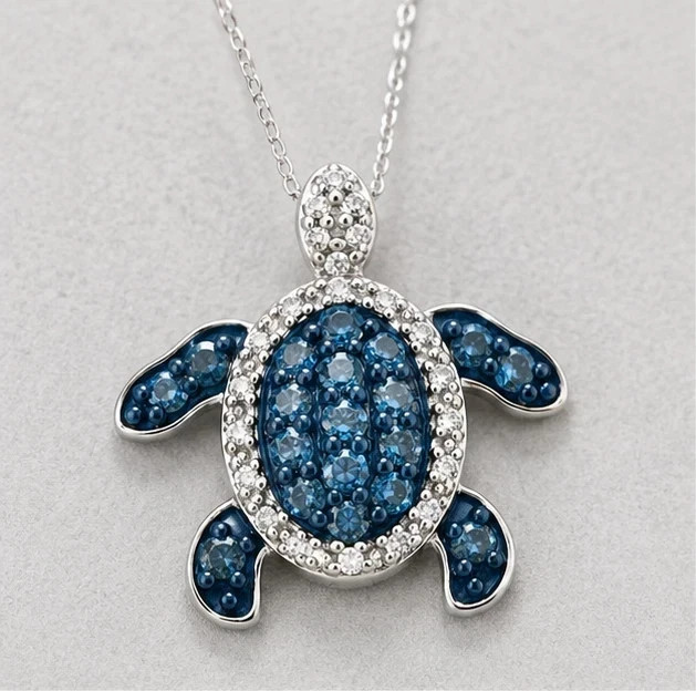 2.00Ct Round Cut Lab-Created Blue Diamond Turtle Pendant 14K White Gold Plated