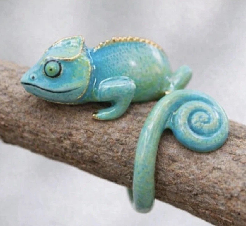 Chameleon Green Lizard Unique Enamel ring size 7.5 Gift Tropical Jewelry NEW