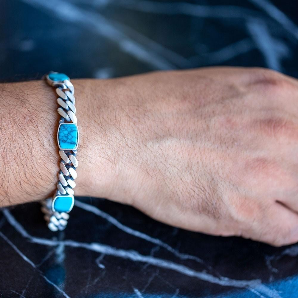 Men’s Turquoise Gemstone 925 Sterling Silver 10mm Curb Chain Link Bracelet