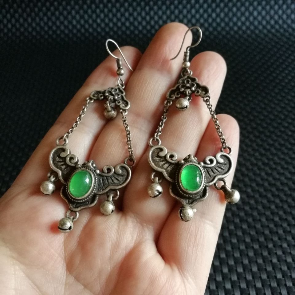 Vintage Court Butterfly Earrings Green Gem Hanfu Qipao Jewelry Pair