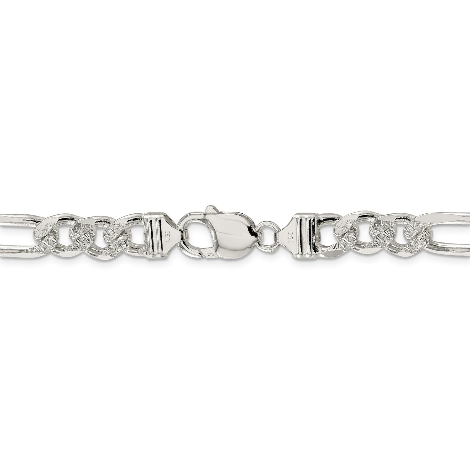 Sterling Silver 9.5mm Pave Flat Figaro Link Chain w/ Lobster Clasp 20″ – 26″