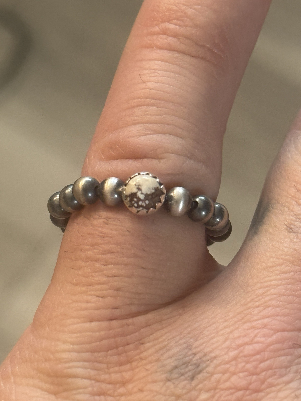 STERLING SILVER NATIVE AMERICAN SW WILD HORSE 3mm NAVAJO PEARL ADJ RING .925