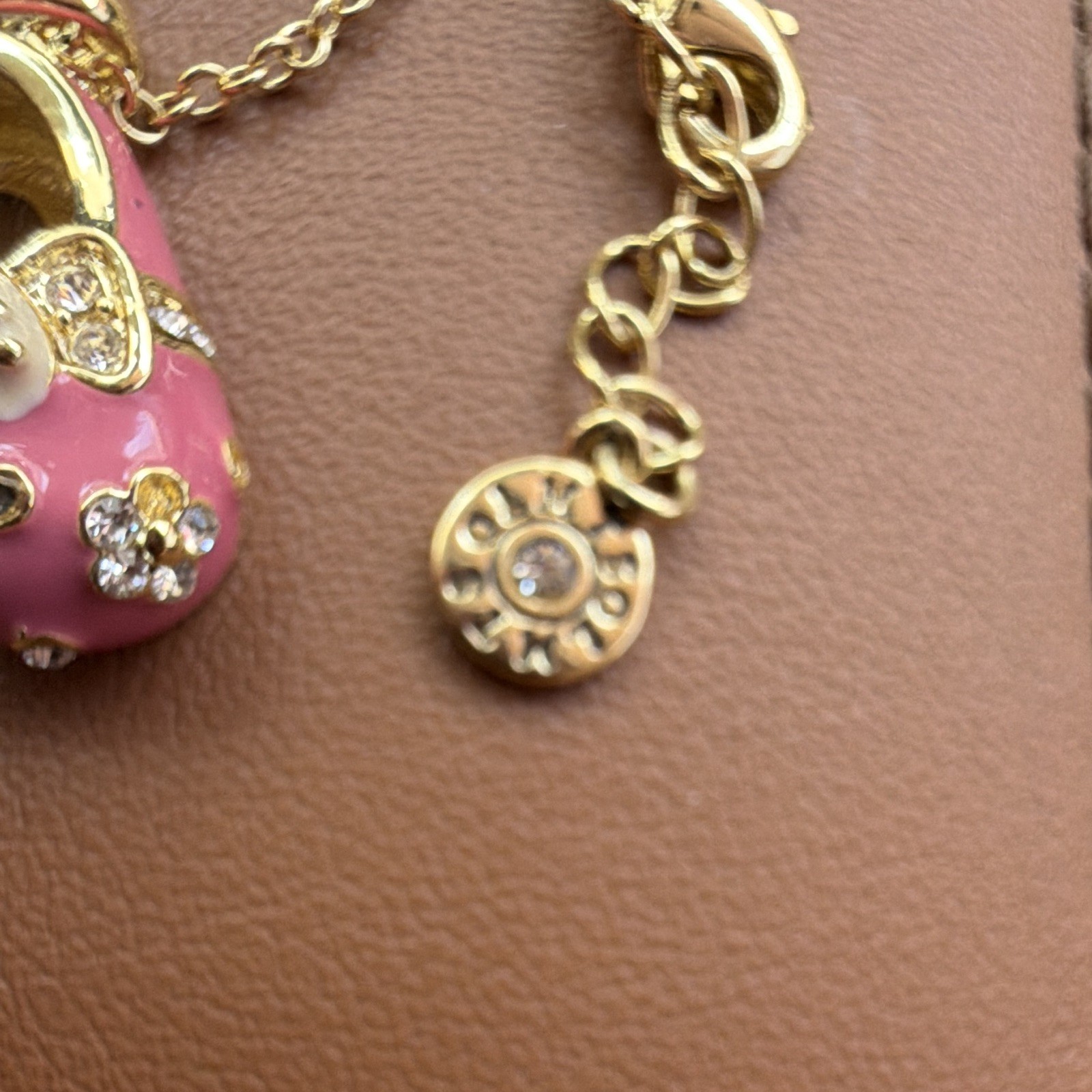 LMTS Gold Tone Cable Chain Pink Enamel Shoe Charm Necklace Crystal Signed