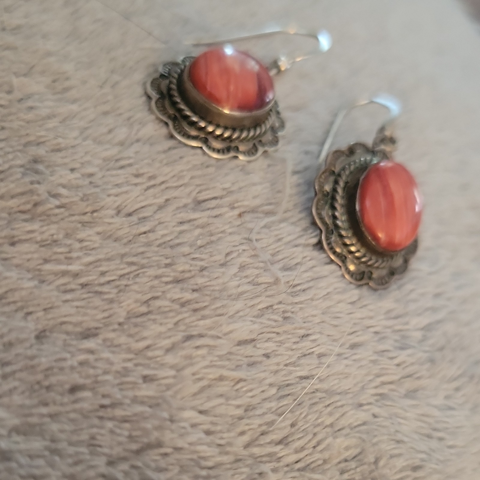 F. RAMONE Sterling Dangle Hook Earrings Oval Orange Spiny Oyster Shell Or Coral