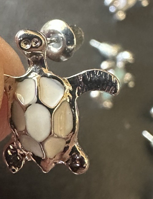 (3) Three Pair Teal & White Sea Turtle Stud Earrings