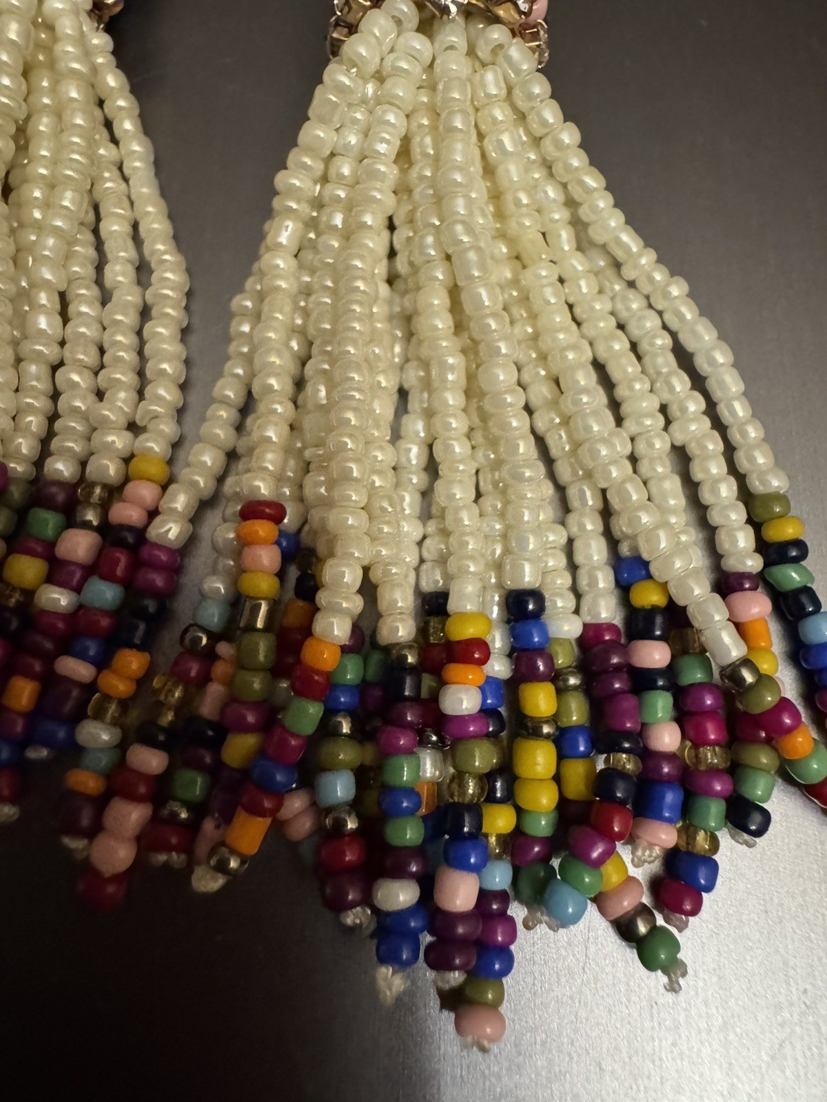 Multicolor & White Two Tone Color Block Seed Bead Tassel Dangle Earrings