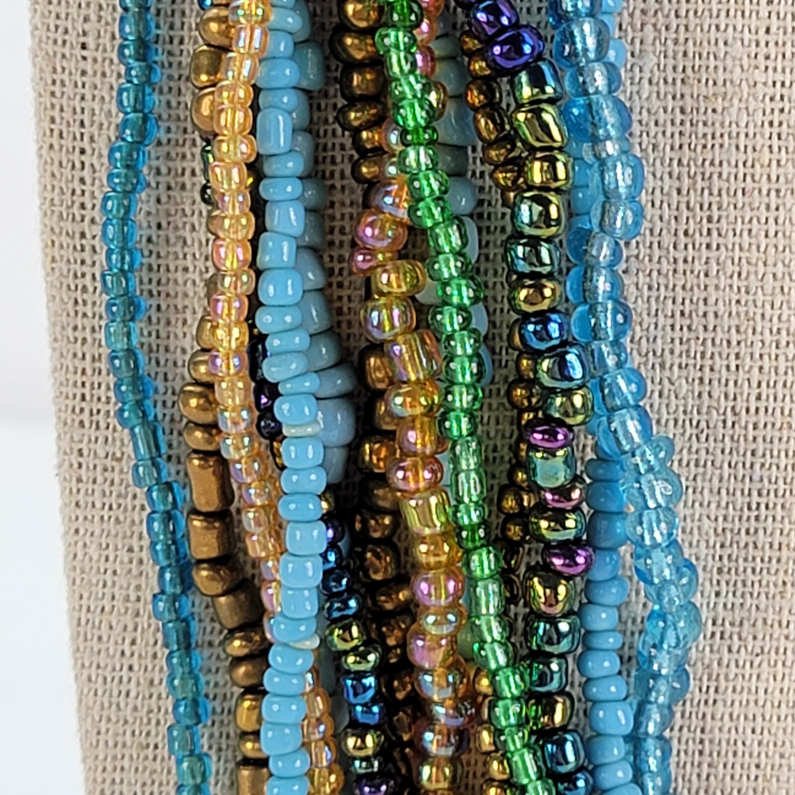 Vintage 14-Strand Multicolor Seed Bead Statement Necklace 20.5 in Wooden Clasp
