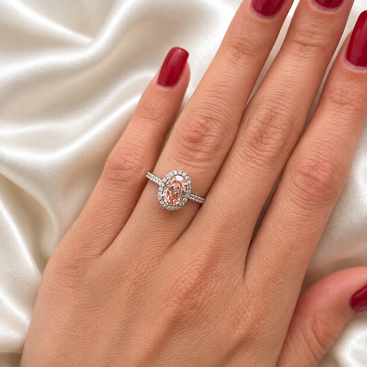 3.40 Carat Fancy Vivid Pink Oval Cut IGI Lab Created Diamond Ring 14k White Gold