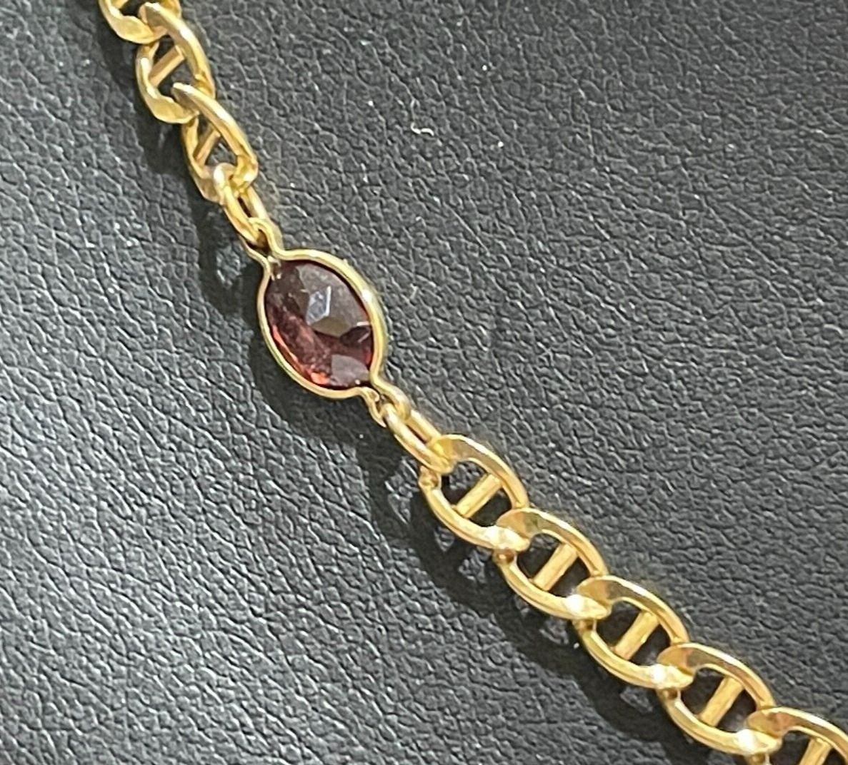 Vtg 1/30 14K Gold Over Sterling Mariner Link Red Glass Station Necklace 17.5″
