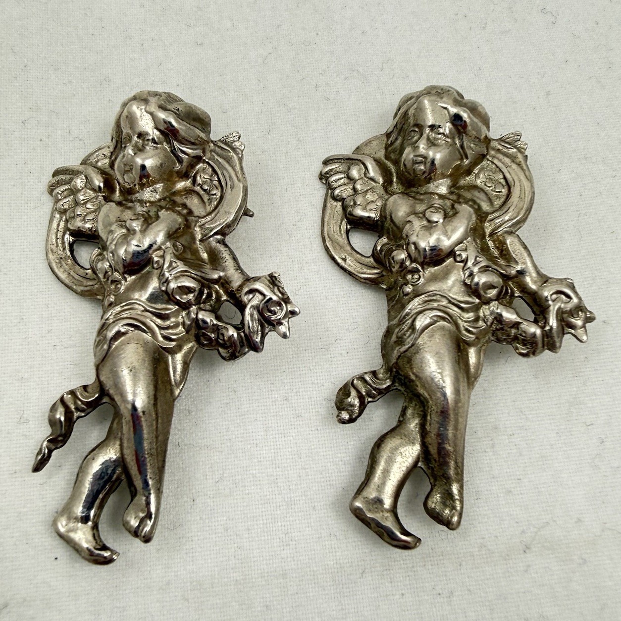 Vintage Pair Lot Of 2, 3D Angel Cherubs Sterling Silver Pendant Brooch 7.3 Grams