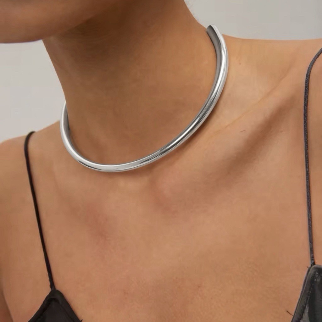 Minimalist Silver Stainless Steel Torque Choker Necklace Open Collar Jewelry