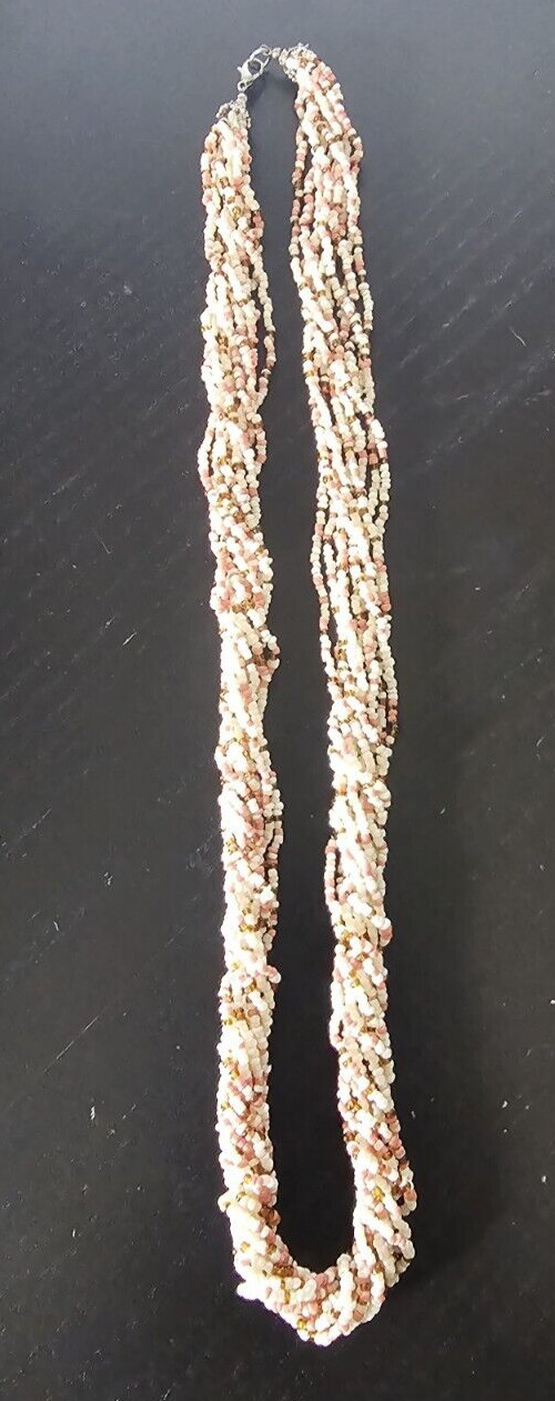 Excellent 10 Strand Twisted Beaded Necklace Peach Coral Ivory Brown Handmade 26″