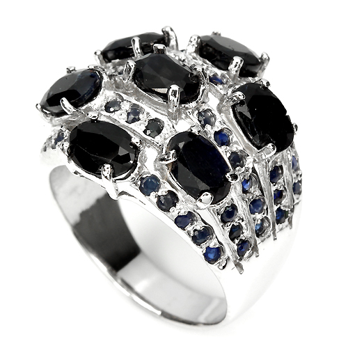 Genuine GEM TOP BLACK,DEEP BLUE SAPPHIRE, 14K ON STERLING 925 SILVER RING # 7
