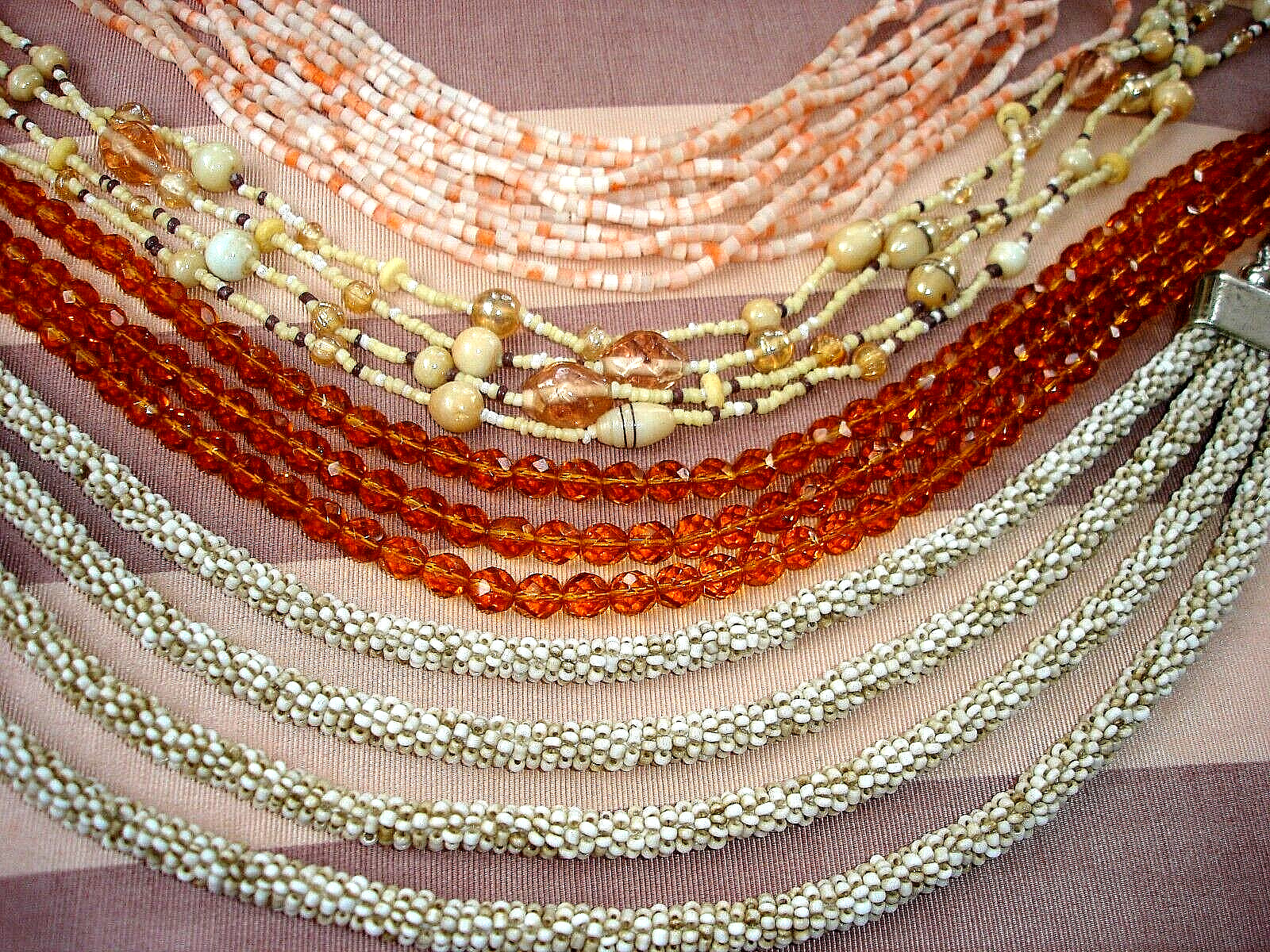 Vintage LOT 4 Multi-Strand GLASS BEAD Necklaces-Gold, Neutral Tan, Orange, Brown