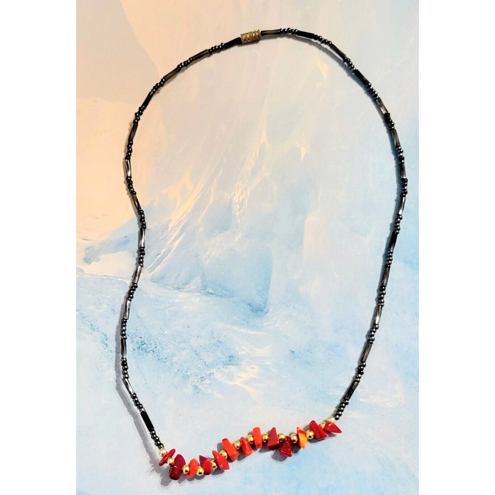 Vintage Agate Hematite Beaded Necklace Surfer, Colorful Boho Beach rd01-29