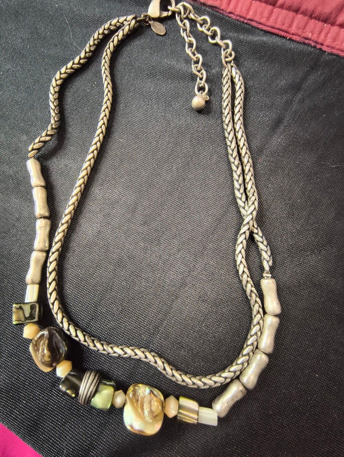Vintage Chico’s Layered Abalone Mother of Pearl Necklace Silver Tone Boho Style