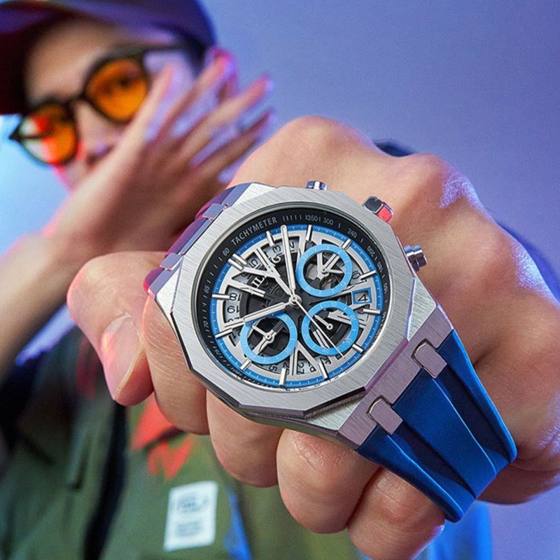 AILANG Men Skeleton Dodecagonal Multifunction Chronograph Luminous Quartz Watch