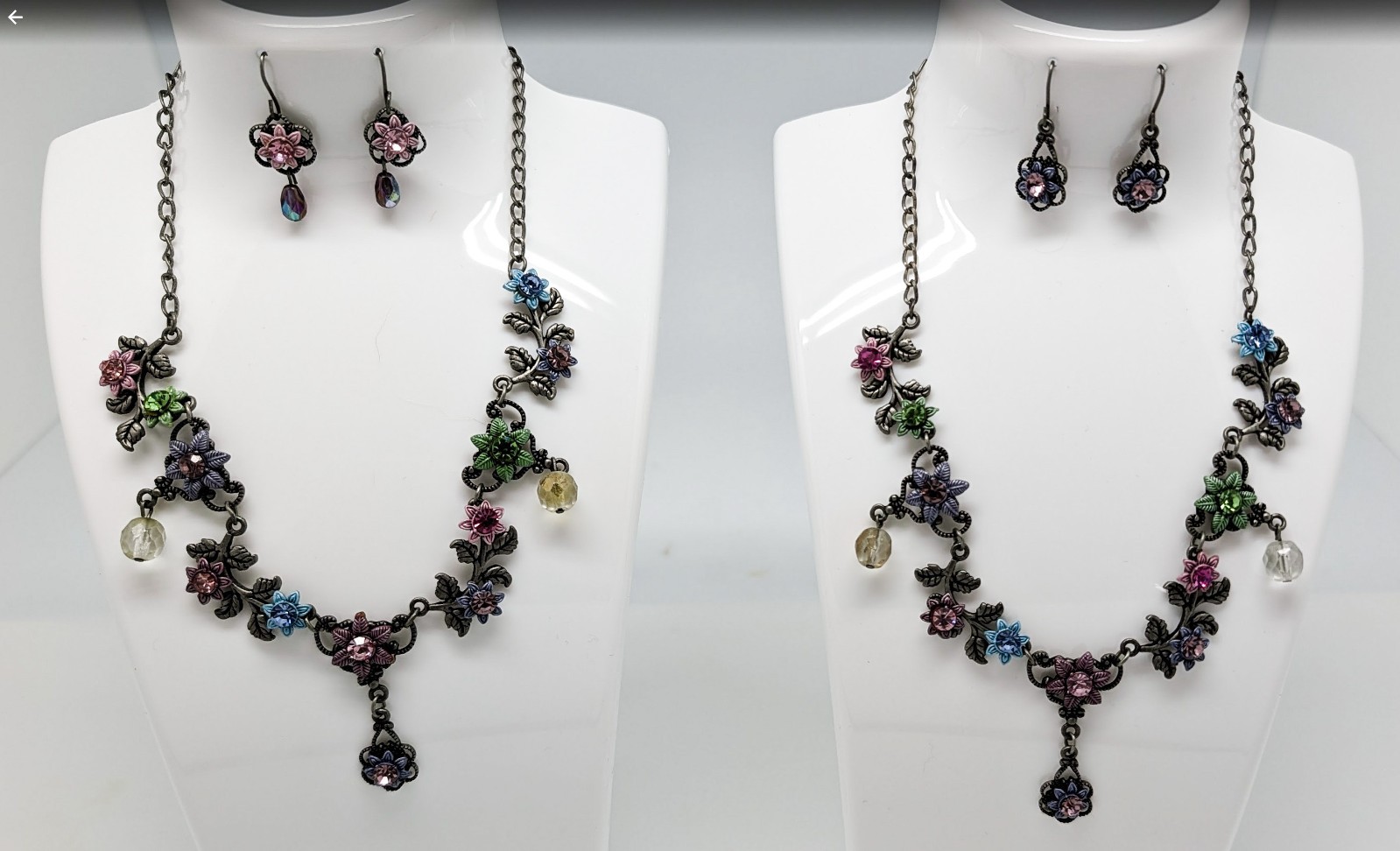 DESIGNER INSPIRED MULTI PINK or PURPLE FLORAL CRYSTAL SILVER METAL JEWELRY SET