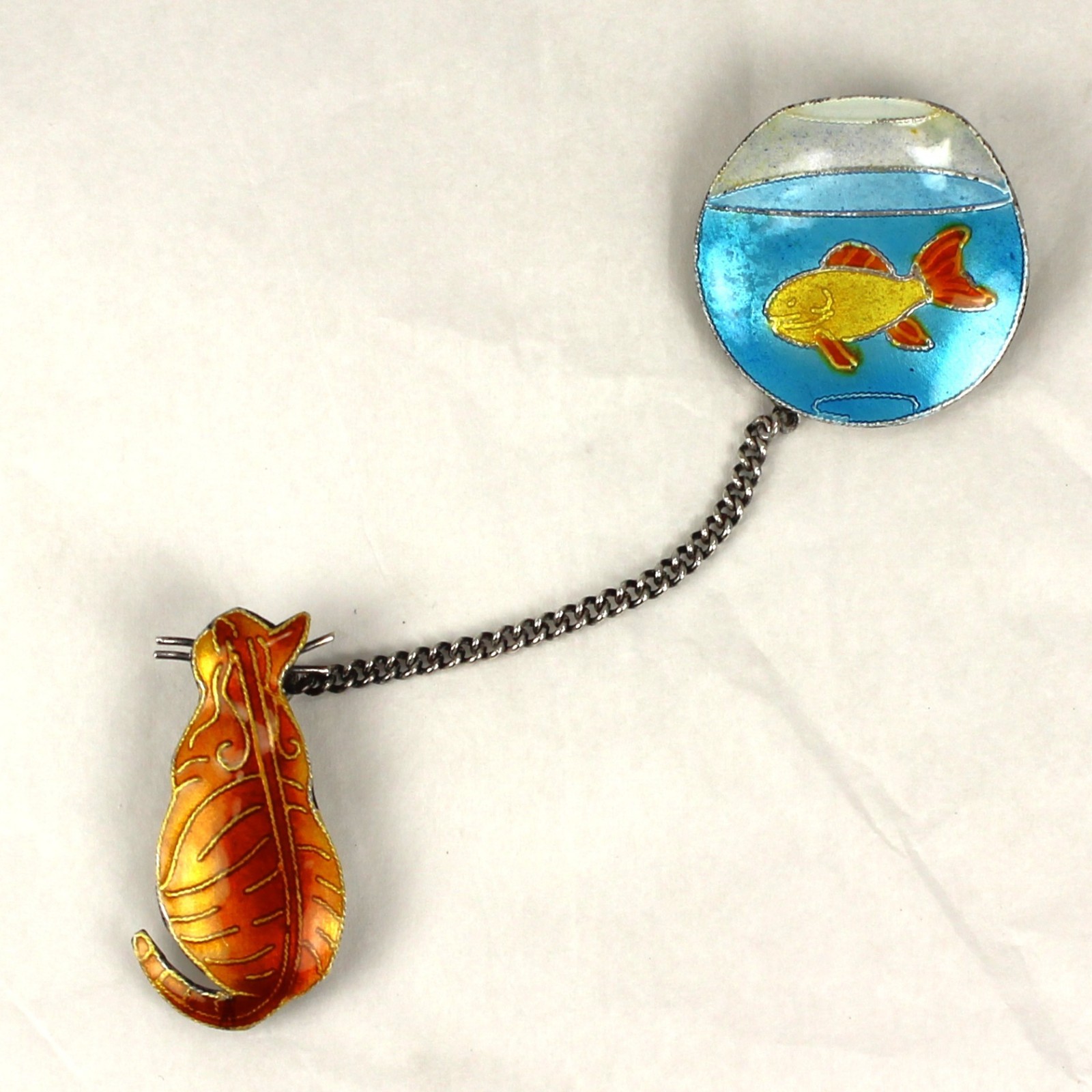Vintage Zarah Cat Fish Bowl Brooch Chain Link Enamel Sterling Silver Pin NOS