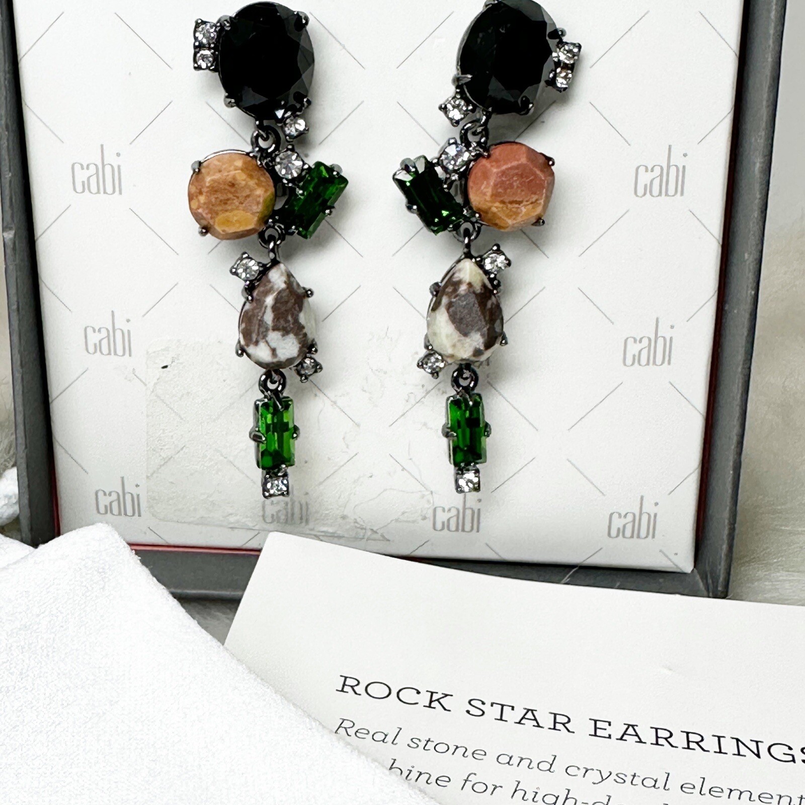 Cabi Rockstar Gemstone Crystal Dangle Earrings Dust Bag Paperwork Box New w/Box