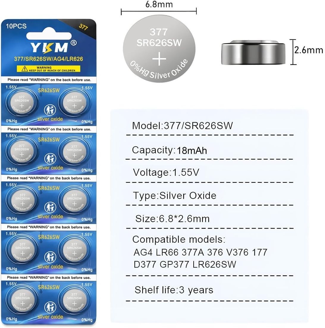 YKM 10 Pack 377 SR626SW Watch Battery LR626 377/376 V377 377a AG4 1.55V Silver