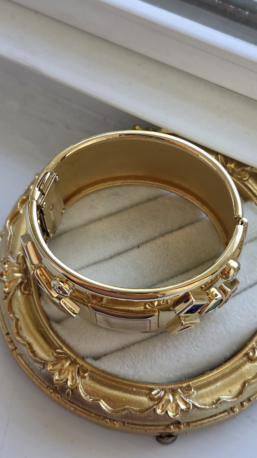 Vintage Franklin Mint Bob Mackie 24k GP Bezel Stone Cuff Watch Estate