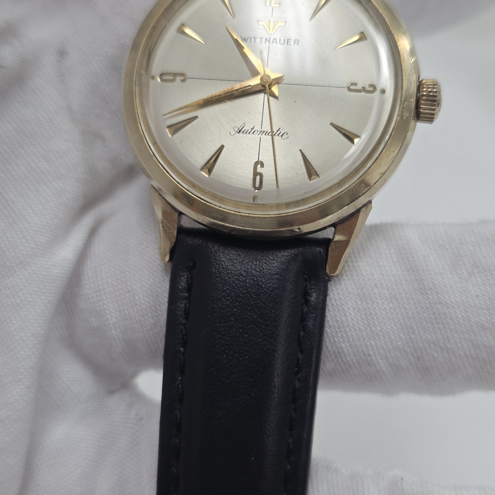 Vtg Wittnauer Mens Automatic Watch Swiss 11SR 17J 34mm Crosshair 10k Gold Filled