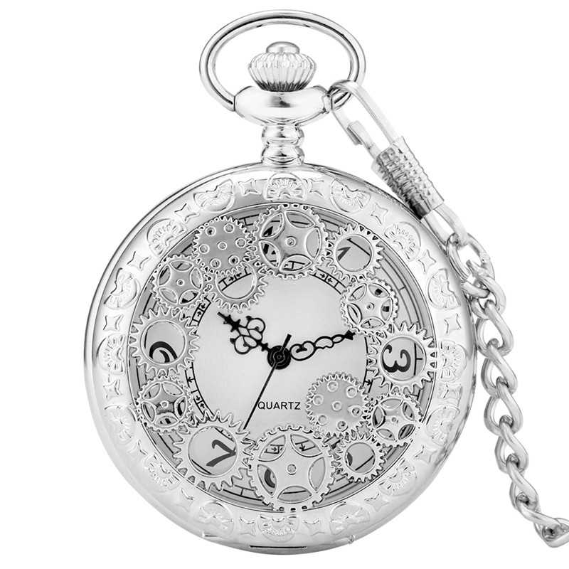 Steampunk Gear Quartz Pocket Watch Multi-Style Choose Color & Design Chain Gift