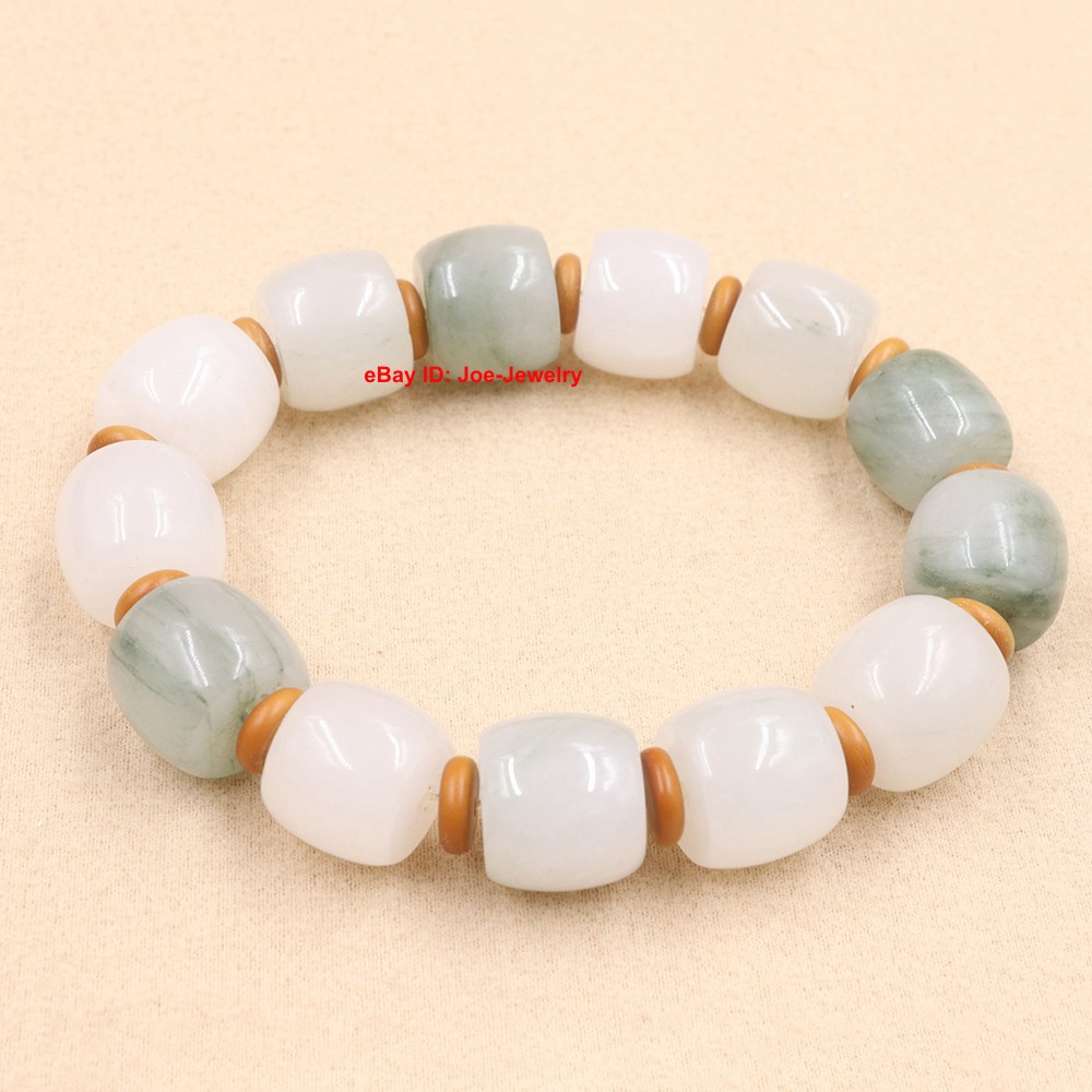 Natural Chinese Jade Stretch Bracelet -14mm Barrel Bead Elastic Bracelet 15-17cm