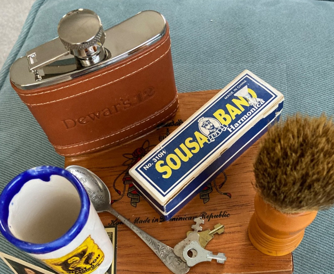 Vntg. Junk Drawer Lot Cigar Box Bakelite Brush,Flask,Pep Boy’s Matches Spoons —