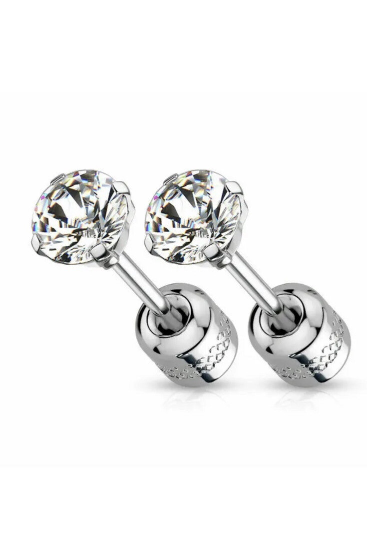 2PCS Silver Stainless Steel Round CZ Earrings Screw Back Ear Stud for Men Women