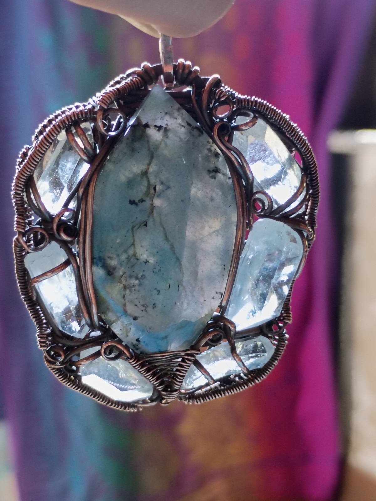 Labradorite Surrounded In Quartz Crystals Wirewrap Pendant Copper Statement