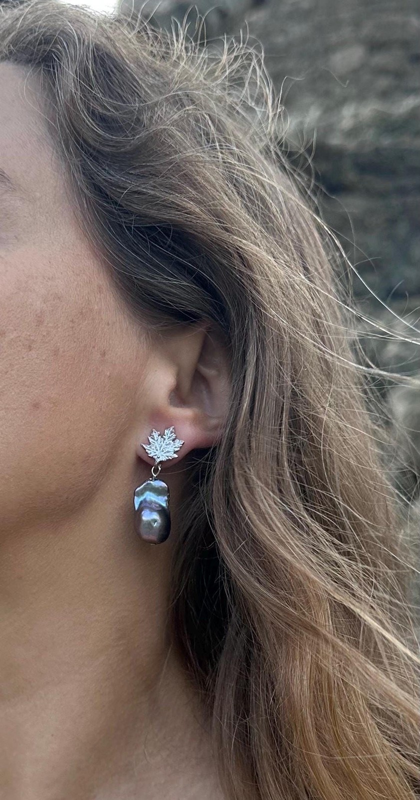 12mm Black Peacock Baroque Pearl Leaf Stud Earrings White Patina Bronze Handmade