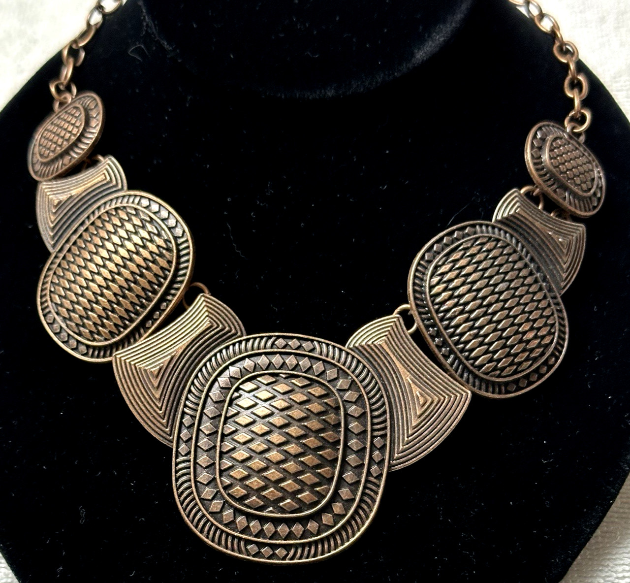 Copper Tone Primitive Embossed Focal Bib Collar Statement Necklace n846